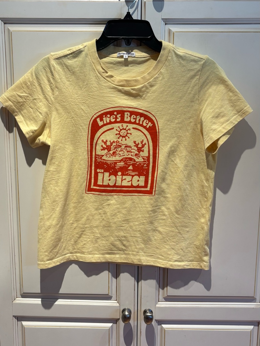 Reformation yellow graphic tee “Life’s Better on Ibiza” organic cotton Size S